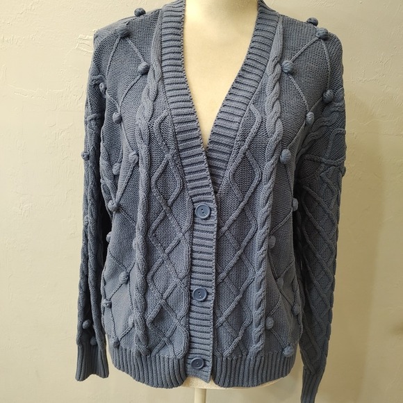Forever 21 Women Sz Small Pom Pom Cable Knit Cardigan Sweater Blue 100% Cotton - Picture 1 of 8